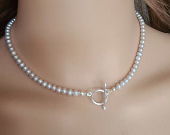 Silver Grey Freshwater Pearl necklace choker Sterling Silver toggle small 5mm AA real pearl necklace June Birthstone jewellery gift for her