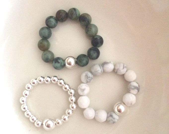 GREEN TURQUOISE African Jasper STRETCH ring with a Sterling Silver or Gold Fill or No metal accent bead - December Birthstone jewellery gift