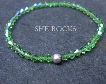 Peridot Green Swarovski crystal stretch bracelet Sterling Silver or Gold Fill bead - August