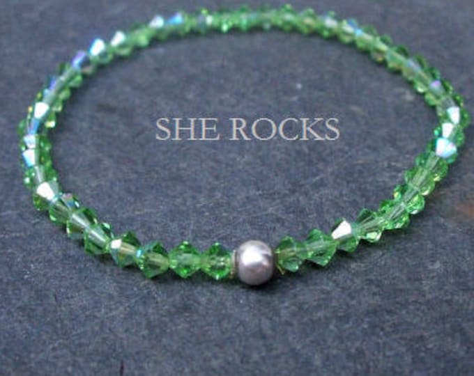 Green AB crystal stretch bracelet Sterling Silver / Gold tiny 4mm Peridot green bead bracelet August birthstone jewellery gift Chakra
