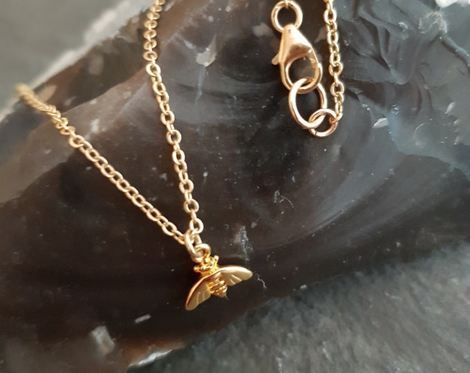 Tiny 24K Gold Vermeil bee necklace small bee pendant on 14K Gold filled chain small Gold bee choker dainty gold bee pendant jewellery gift