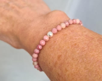 Pink Rhodochrosite Bead Stretch Bracelet Silver or Gold tiny 4mm faceted pink gemstone bead Bracelet healing crystal jewellery gift mum girl