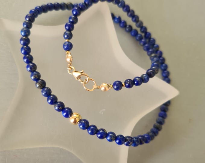 Tiny Blue Lapis Lazuli gemstone bead necklace choker in Sterling Silver or 14K Gold Fill  - September Birthstone jewellery gift for her him