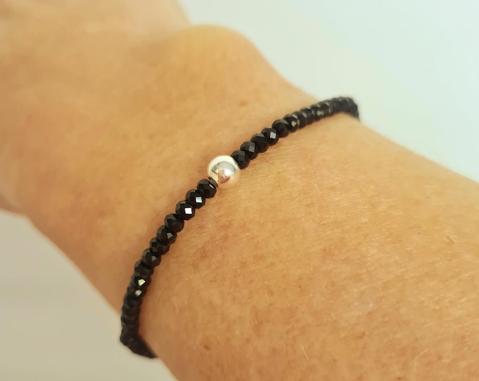 Tiny Black Spinel stretch bracelet Sterling Silver or 14K Gold Fill 3mm black Spinel gemstone bead bracelet beaded stacking jewellery gift