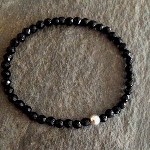 Black Onyx Bracelet Sterling Silver or Gold Fill Small 4mm black GEMSTONE bead stretch Bracelet February Birthstone Chakra Yoga jewelry gift