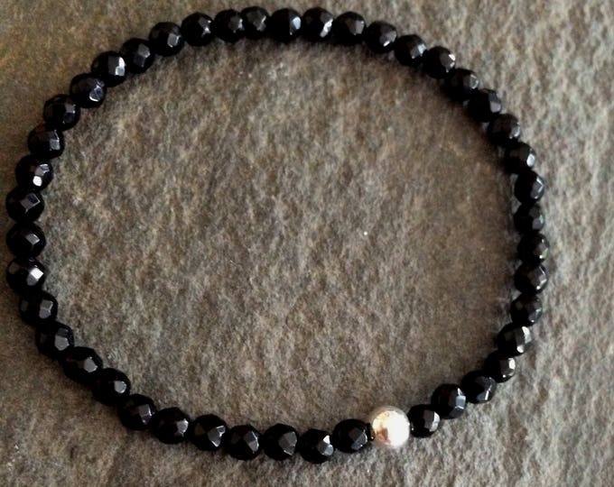 Black Onyx Bracelet Sterling Silver or Gold Fill Small 4mm black GEMSTONE bead stretch Bracelet February Birthstone Chakra Yoga jewelry gift