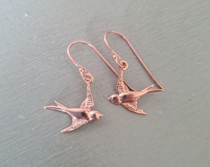 Tiny 24K Rose Gold bird earrings 24K Rose Gold Vermeil small swallow bird earrings Handmade Rose Gold jewellery gift for bird lover girl