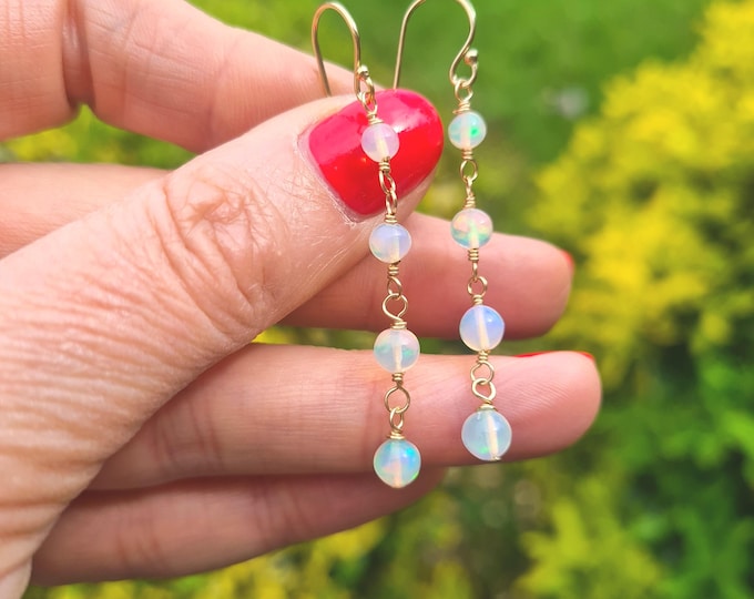 Tiny Ethiopian Opal drop earrings 14K Gold Fill or Sterling Silver - October birthstone jewellery gift 14th wedding anniversary gift