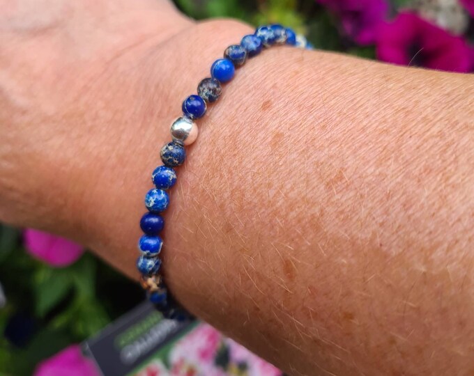 Blue Jasper stretch bracelet Sterling Silver or Gold Fill tiny 4mm blue gemstone bead bracelet small Beaded bracelet heart Chakra jewellery
