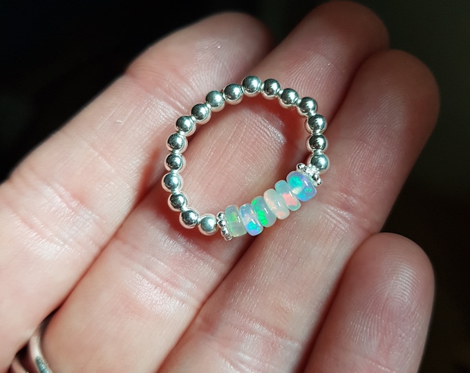 Ethiopian OPAL Ring Sterling Silver or Gold fill tiny gemstone bead stretch Ring - OCTOBER Birthstone jewellery gift for her