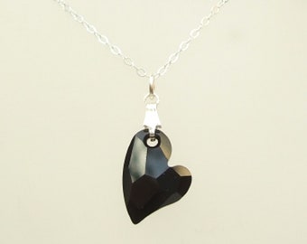 Black Swarovski crystal heart necklace Sterling Silver small Jet black crystal heart necklace Swarovski heart Valentine jewellery gift