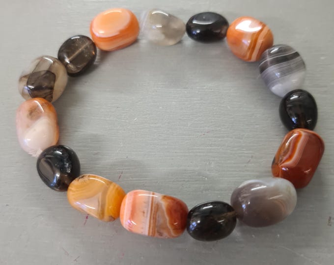 Men's AGATE and Smokey Quartz bracelet chunky orange grey brown gemstone bead stretch bracelet BOHO jewelry gift for him son dad best friend