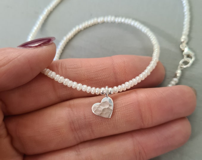 Tiny Freshwater seed Pearl necklace choker Sterling Silver hammered heart small 2mm white real pearl necklace June Birthstone jewellery gift