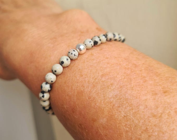 Dalmation Jasper stretch Bracelet Sterling Silver / Gold Fill tiny 4mm grey black gemstone bead Bracelet  Chakra jewellery gift for her him
