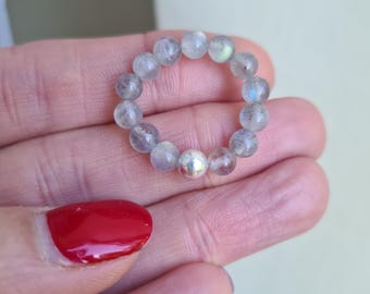 LABRADORITE stretch ring STERLING SILVER or Gold beaded grey gemstone bead ring Boho stacking ring Labradorite chakra jewellery yoga gift
