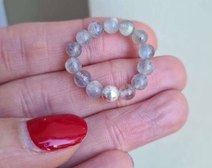 LABRADORITE stretch ring STERLING SILVER or Gold beaded grey gemstone bead ring Boho stacking ring Labradorite chakra jewellery yoga gift