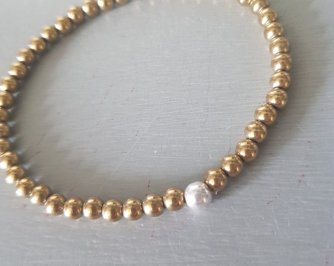 GOLD Hematite stretch bead Bracelet with Sterling Silver or Gold Fill accent bead 4mm Gold gemstone beaded Bracelet stacking jewellery gift