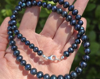 Black Freshwater Pearl necklace choker Sterling Silver / Gold Fill 8mm real AA large Blue Black Peacock Pearl June Birthstone jewellery gift