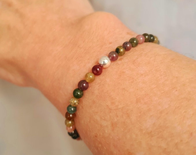 Watermelon Tourmaline STRETCH Bracelet Sterling Silver Gold Fill tiny 4mm multicolour gemstone bead bracelet October Birthstone jewelry gift