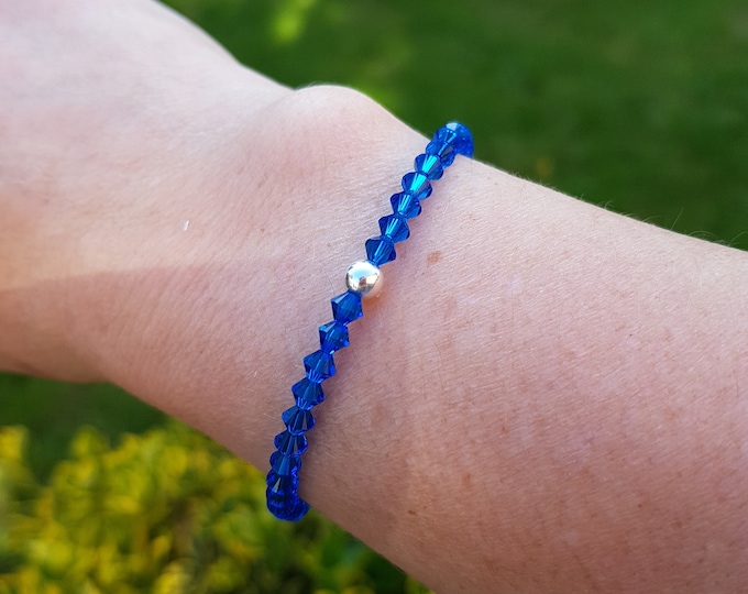 Cobalt Blue crystal stretch bracelet Sterling Silver or Gold fill tiny 4mm Capri blue bead bracelet arthritis beaded jewellery gift for her