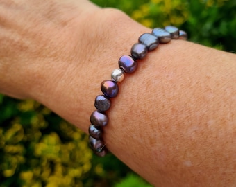 PEACOCK FRESHWATER Pearl STRETCH bracelet Sterling Silver or Gold dark grey 7mm Baroque pearl bracelet real June Birthstone jewellery gift