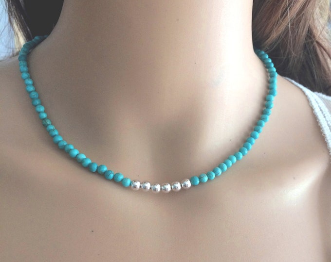 Turquoise choker necklace Sterling Silver or 14K Gold Fill real tiny blue gemstone bead necklace December birthstone jewellery gift