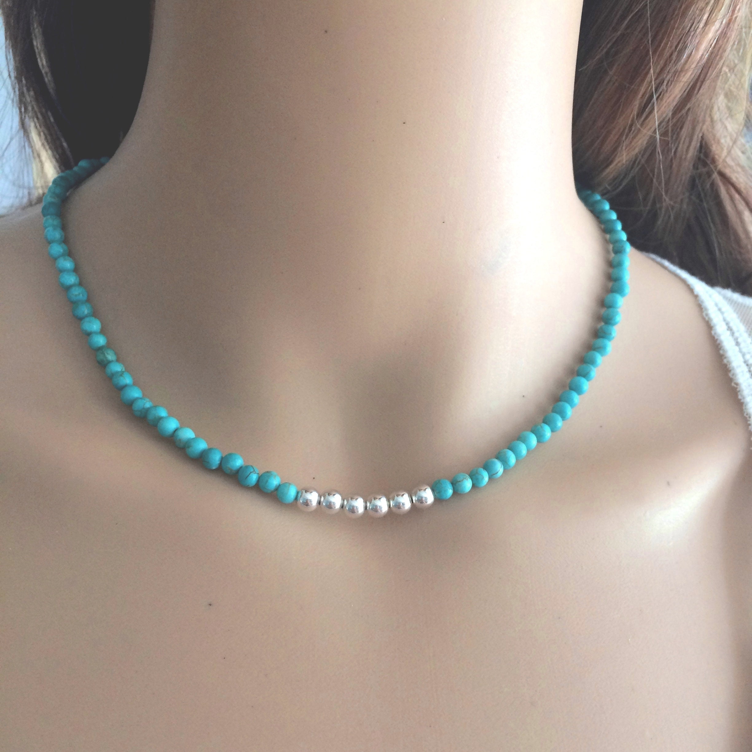 Turquoise choker necklace Sterling Silver or 18K Gold Fill real tiny ...