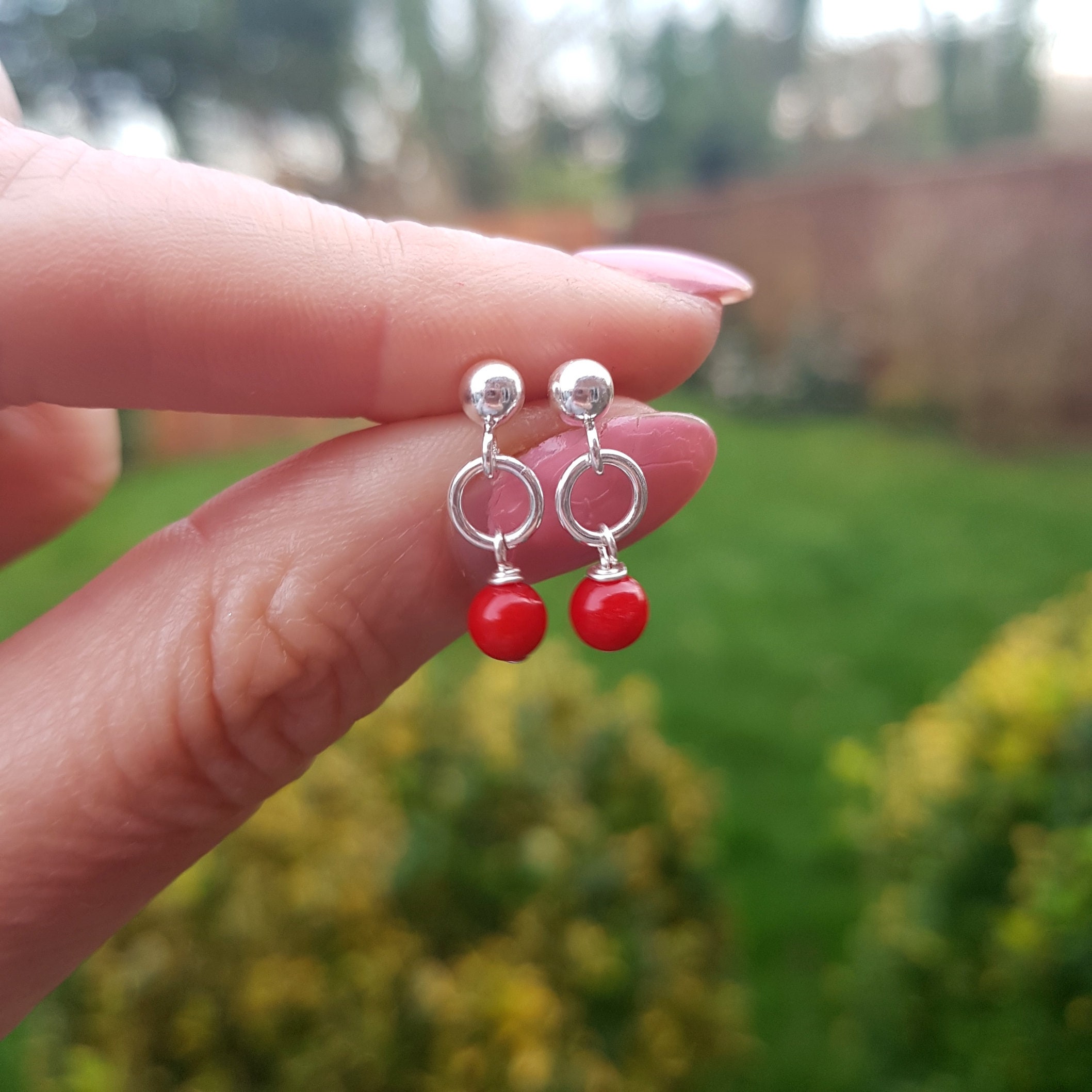 Tiny Red Coral earrings studs Sterling Silver or Gold Fill