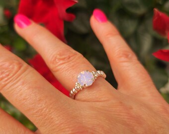 925 Silver Stretch Ring - with a Pink Opal crystal, Sterling Silver Beads Ring Elastic Ring, Beaded Ring Stackable October Birthstone gift