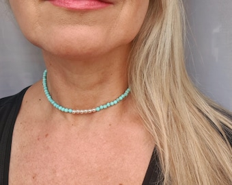 Turquoise choker necklace Sterling Silver or 14K Gold Fill tiny 4mm blue Turquoise gemstone bead necklace December birthstone jewellery gift