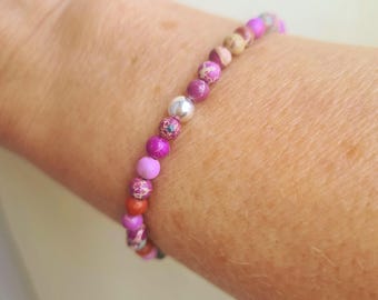 Pink purple Jasper stretch Bracelet Sterling Silver or 14K Gold Fill tiny 4mm Imperial Jasper gemstone bead bracelet chakra jewellery gift