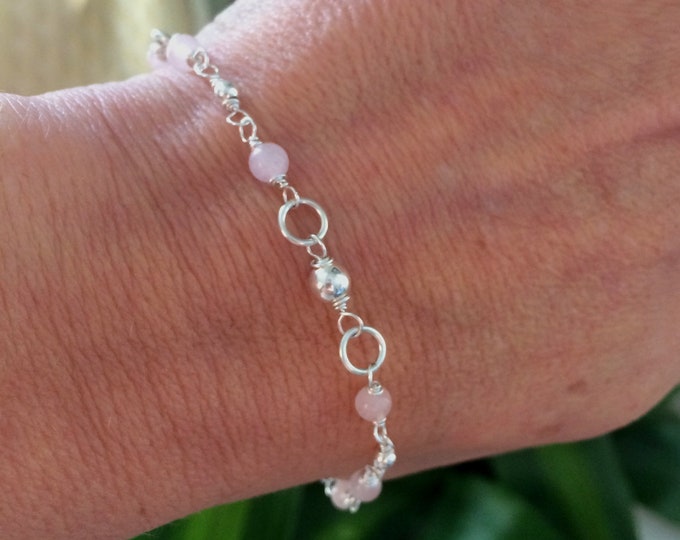 Tiny ROSE QUARTZ Bracelet Sterling Silver 4mm pink gemstone Bead Bracelet beaded anklet Rosary January Birthstone jewellery Chakra gift