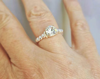 Silver Stretch Ring - with Clear Swarovski crystal, Sterling Silver Beads Ring Elastic Ring, Beaded Stretch Ring Stackable stretch ring gift