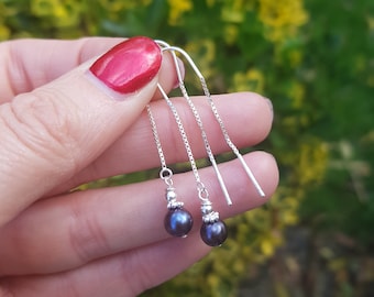 Blue Black Freshwater pearl earrings Sterling Silver / Gold long real Peacock pearl threader earrings black Pearl jewellery gift for her mum