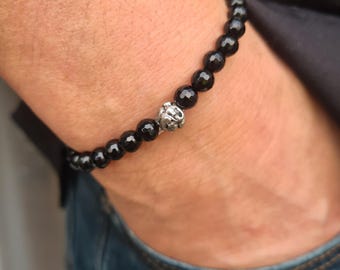 Men's Black Onyx Bracelet Silver metal accent bead - beaded black Onyx February Birthstone Jewellery gift for him