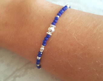 Tiny blue crystal stretch bracelet Sterling Silver or Gold Fill small neon blue beaded bracelet seed bead bracelet stacking jewellery gift
