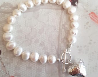 Baroque Freshwater Pearl bracelet Sterling Silver hammered heart white, grey or Peacock real 7mm pearl bracelet June Birthstone jewelry gift