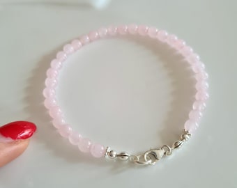 Tiny Rose Quartz Bracelet Sterling Silver or Gold Fill Small 4mm pink Rose Quartz GEMSTONE bead Bracelet - January Birthstone jewellery gift