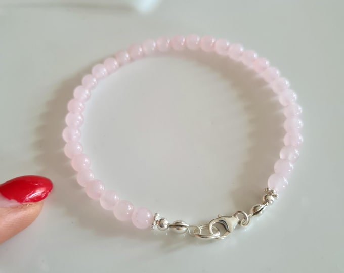 Tiny Rose Quartz Bracelet Sterling Silver or Gold Fill Small 4mm pink Rose Quartz GEMSTONE bead Bracelet - January Birthstone jewellery gift