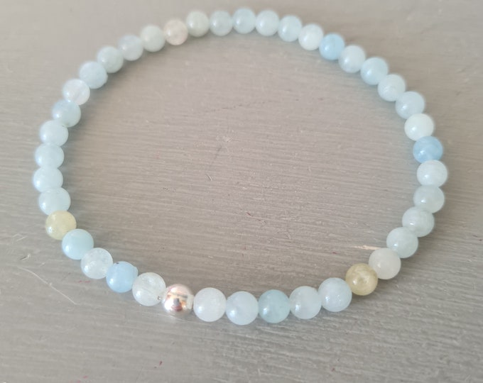 AQUAMARINE STRETCH Bracelet  with Sterling Silver or Gold Fill bead - March Birthstone jewelry gift - throat Chakra gift