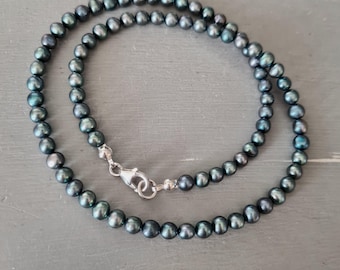 Peacock Freshwater Pearl necklace choker Sterling Silver small 5mm real blue green black pearl necklace June Birthstone jewellery gift her