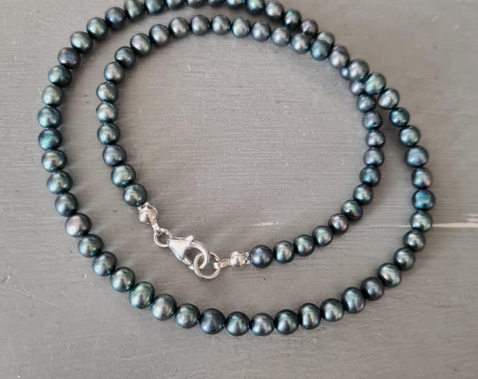 Peacock Freshwater Pearl necklace choker Sterling Silver small 5mm real blue green black pearl necklace June Birthstone jewellery gift her