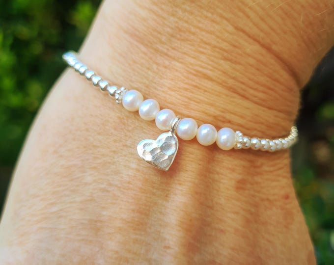 Tiny Freshwater Pearl stretch bracelet Sterling Silver hammered heart white 4mm real pearl bracelet June Birthstone jewellery gift for her