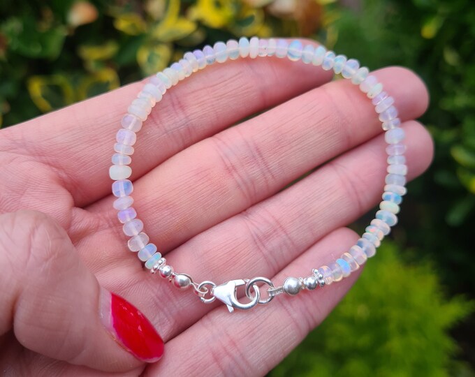 Tiny Ethiopian OPAL Bracelet Sterling Silver real 4mm Welo Opal gemstone bead Bracelet OCTOBER Birthstone jewellery gift for women mum her