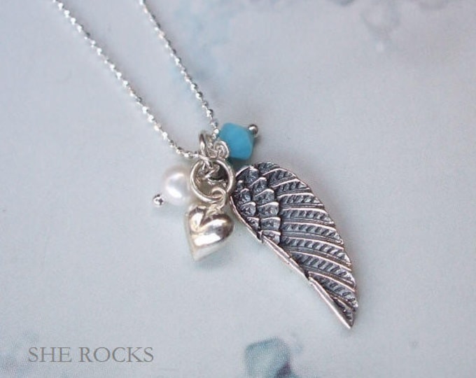 Sterling Silver Birthstone necklace Sterling Silver wing, heart and Freshwater Pearl necklace with your Birthstone crystal