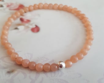 Tiny Peach Moonstone stretch Bracelet Sterling Silver 4mm orange gemstone bead Bracelet small Beaded Chakra June Birthstone jewellery gift