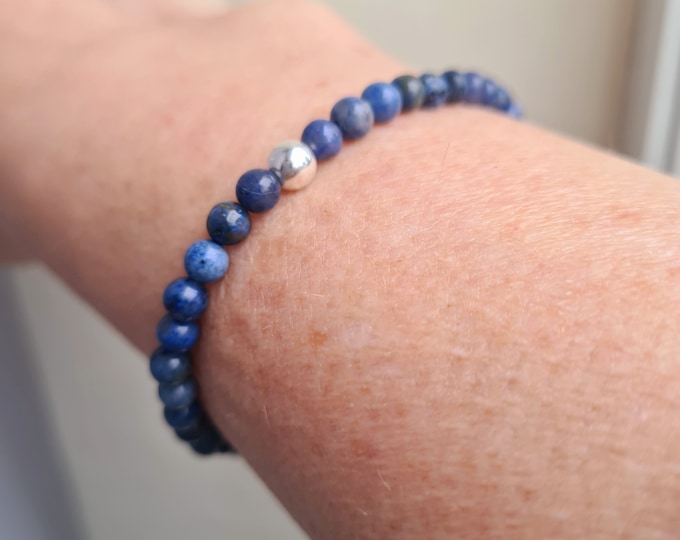 Blue Dumortierite stretch Bracelet Sterling Silver or 14K Gold Fill tiny 4mm blue gemstone bead bracelet - throat chakra calm jewellery gift