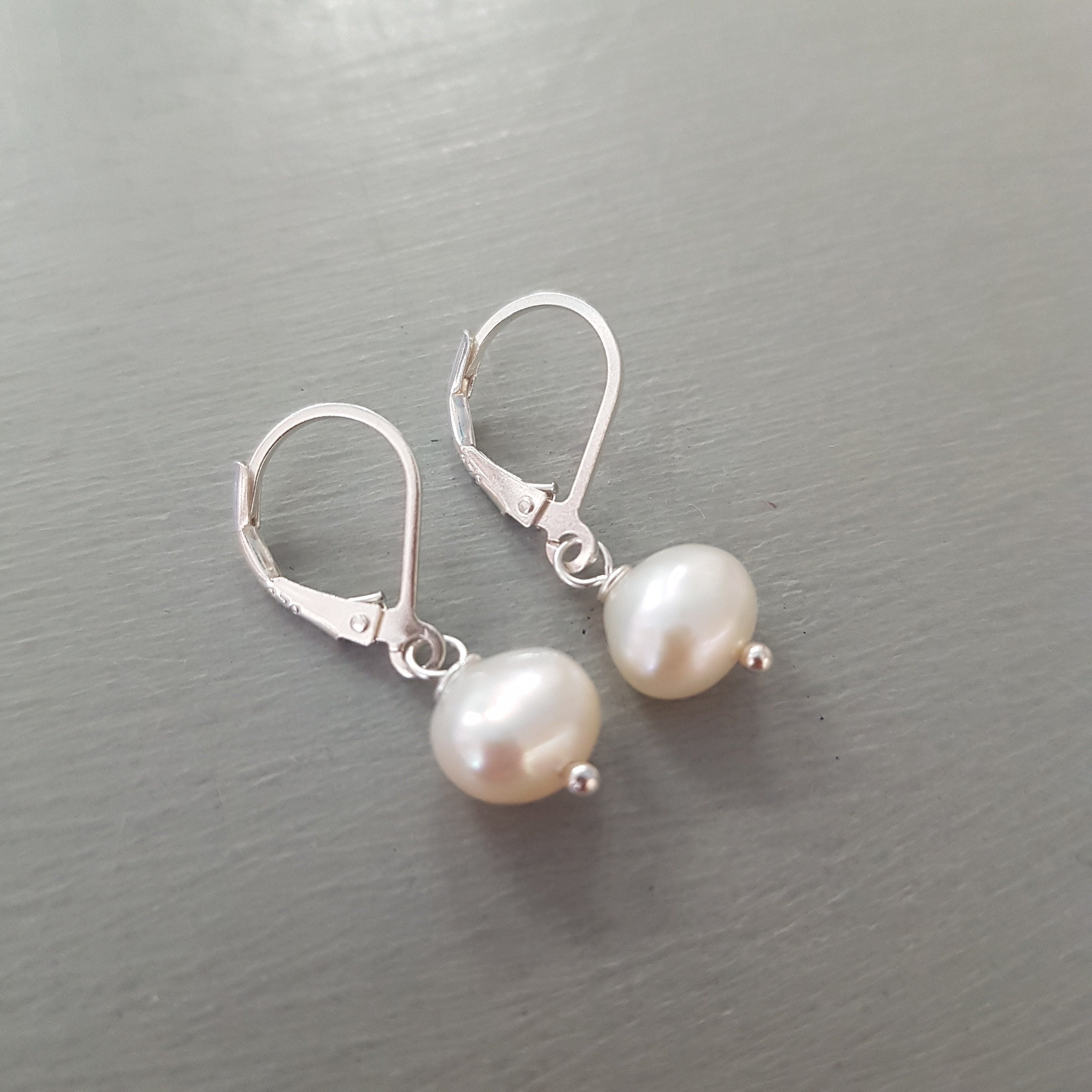 Simple White Freshwater pearl drop earrings Sterling Silver or 18K Gold ...