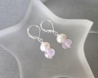 Freshwater pearl and pink Rose Quartz earrings 925 Silver real white pearl and pink gemstone bead earrings June birthstone jewellery gift