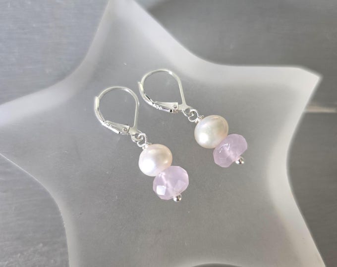 Freshwater pearl and pink Rose Quartz earrings 925 Silver real white pearl and pink gemstone bead earrings June birthstone jewellery gift
